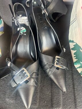 DKNY Black Pointed Buckle Slingback Pumps